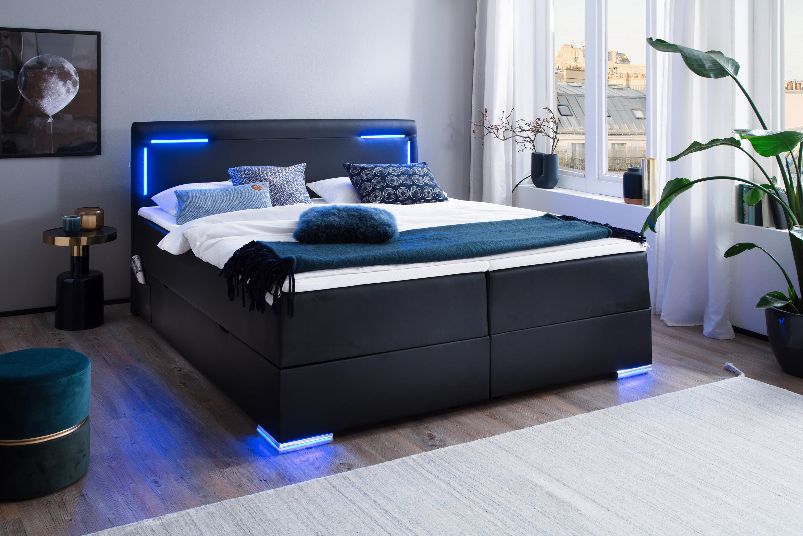 BOXSPRINGBETT 180/200 cm  in Schwarz  - Silberfarben/Schwarz, Design, Kunststoff/Textil (180/200cm) - Xora