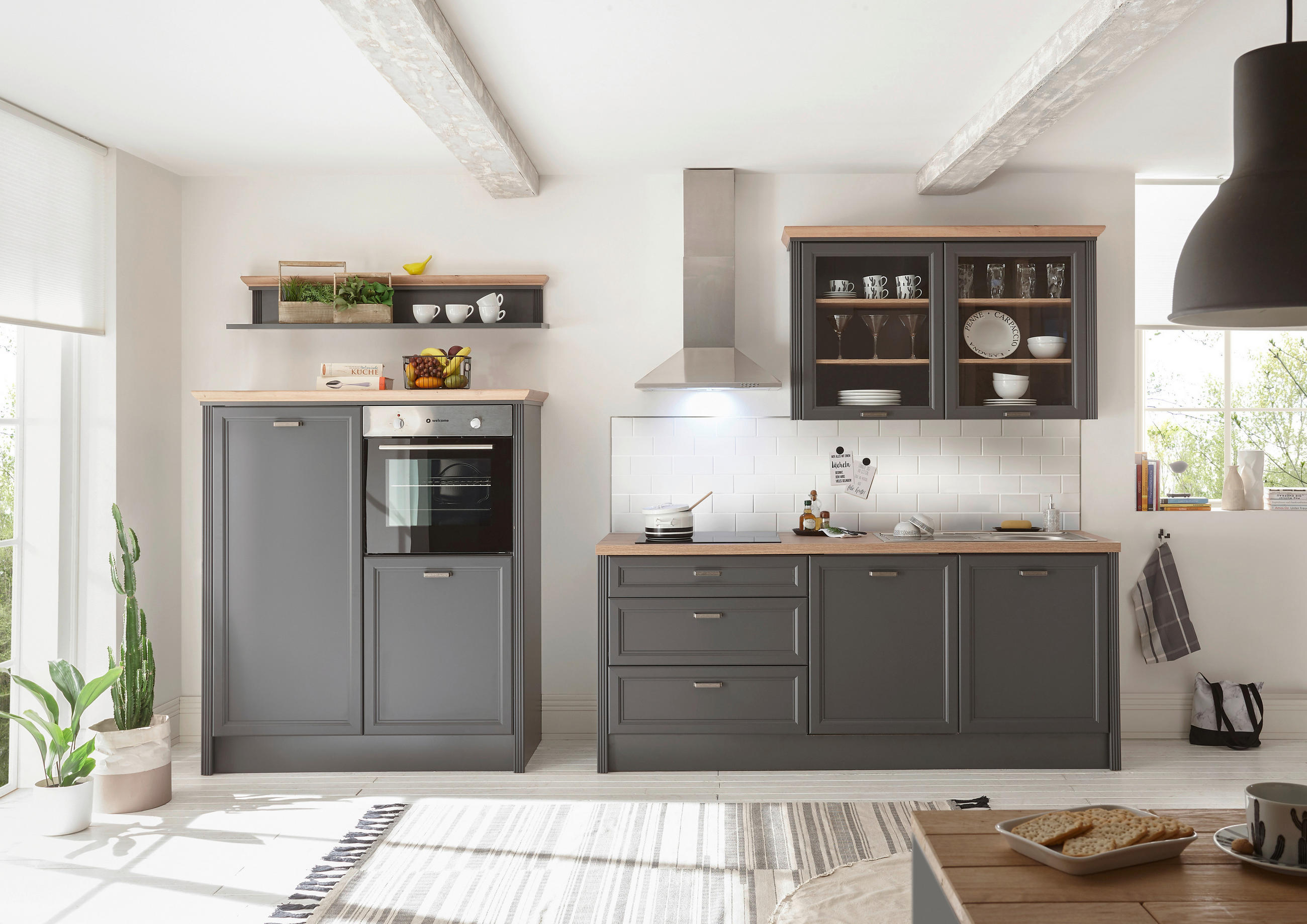 BLOK KUHINJA BEZ APARATA  antracit, stari hrast  - boje pinije/hrast Artisan, Konvencionalno, drvni materijal/metal (344/228/60cm) - Carryhome