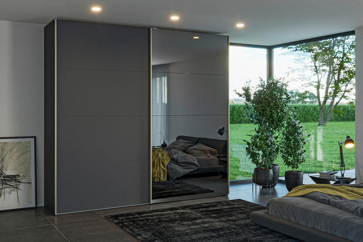 SCHWEBETÜRENSCHRANK 253/236/65 cm 2-türig Anthrazit, Schwarz  - Edelstahlfarben/Anthrazit, Design, Glas/Holzwerkstoff (253/236/65cm) - Jutzler