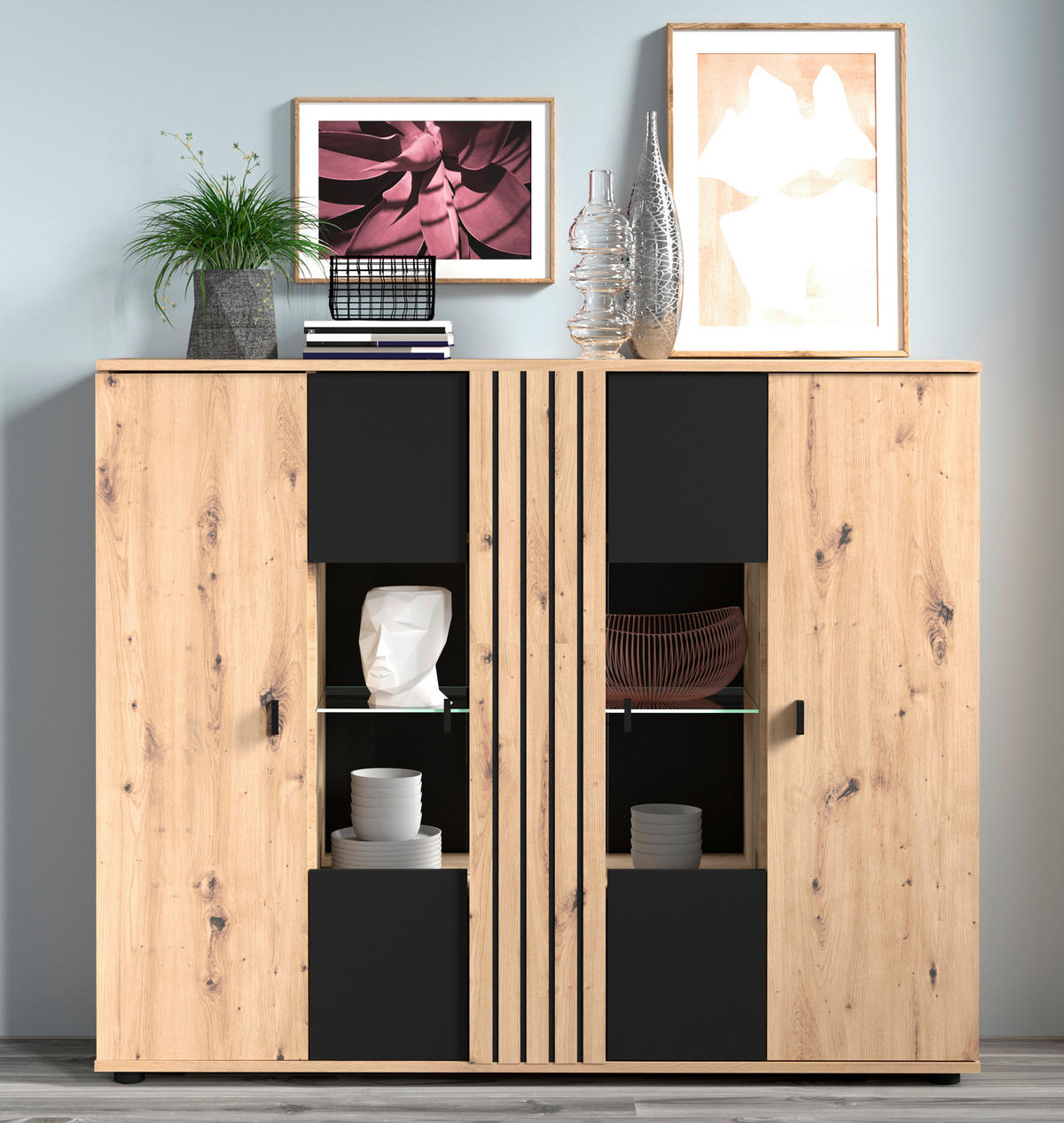HIGHBOARD  in 140,1/115/38 cm  - Schwarz/Eiche Artisan, KONVENTIONELL, Glas/Holzwerkstoff (140,1/115/38cm) - Carryhome
