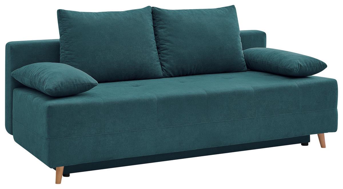 SCHLAFSOFA LUMOS Samt Petrol  inkl. Rückenkissen, Armlehnenkissen, Schlaffunktion, Rücken echt, Stauraum  - Petrol/Naturfarben, Design, Textil (206/96/96cm) - P & B