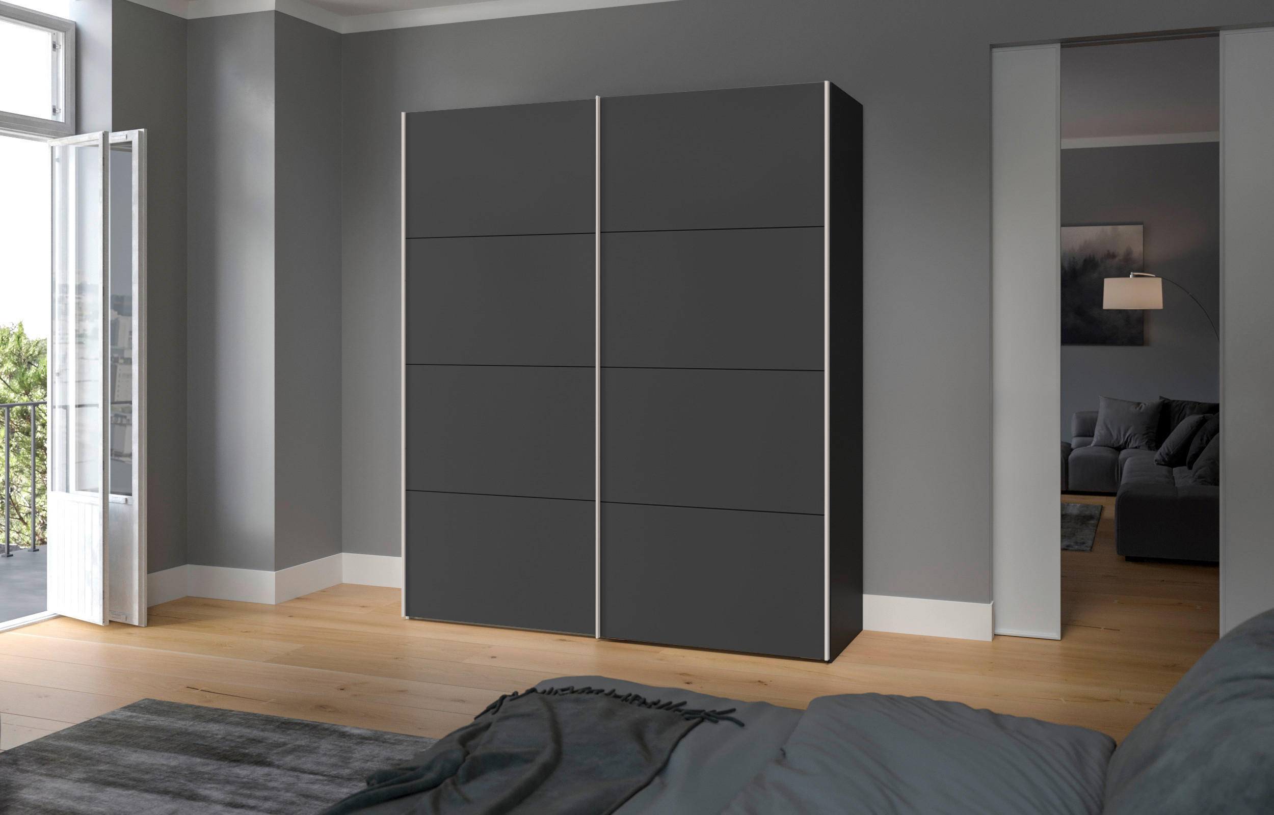 SCHWEBETÜRENSCHRANK 203/236/65 cm 2-türig Anthrazit, Schwarz  - Edelstahlfarben/Anthrazit, Design, Holzwerkstoff (203/236/65cm) - Boxxx