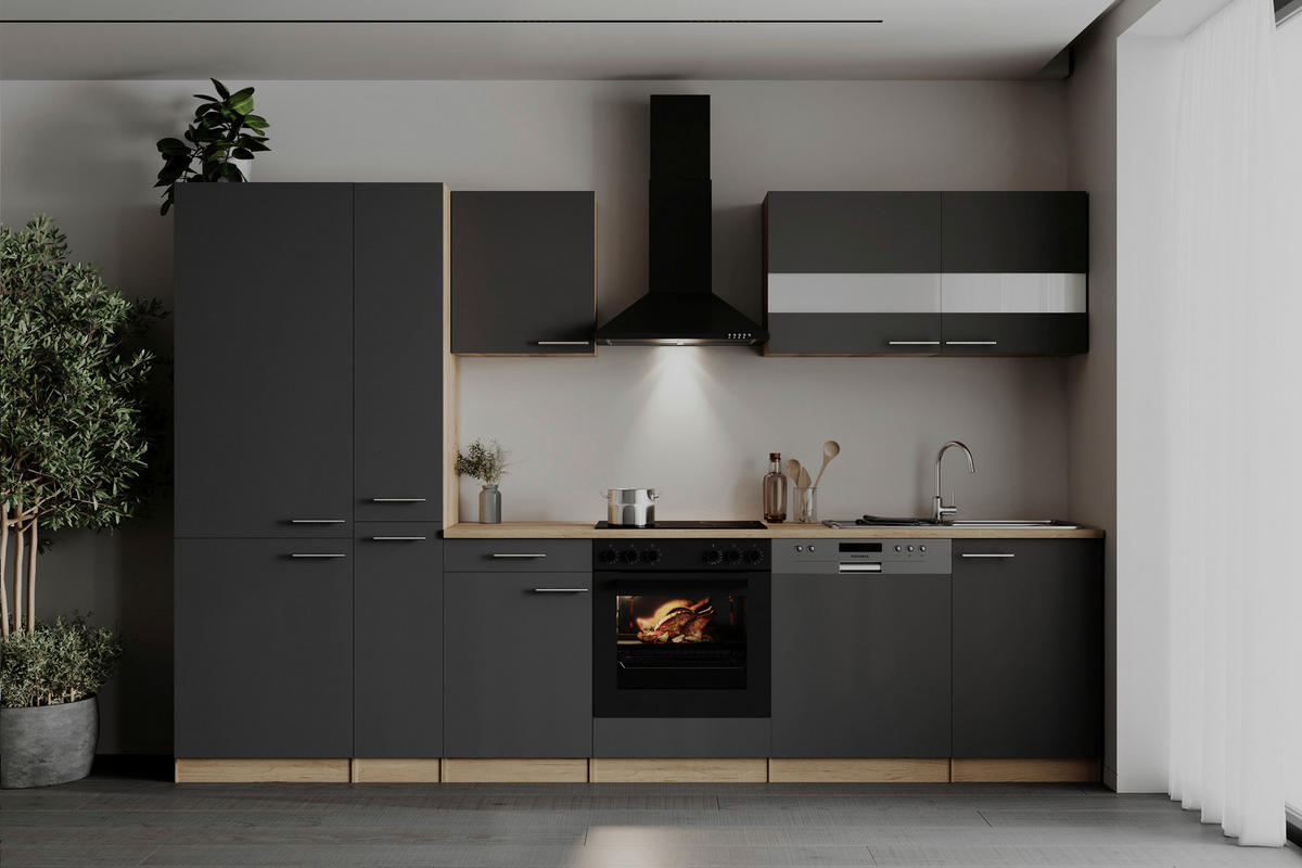 KÜCHENBLOCK 310 cm   in Grau  - Edelstahlfarben/Eichefarben, Basics, Holzwerkstoff/Metall (310cm) - Respekta