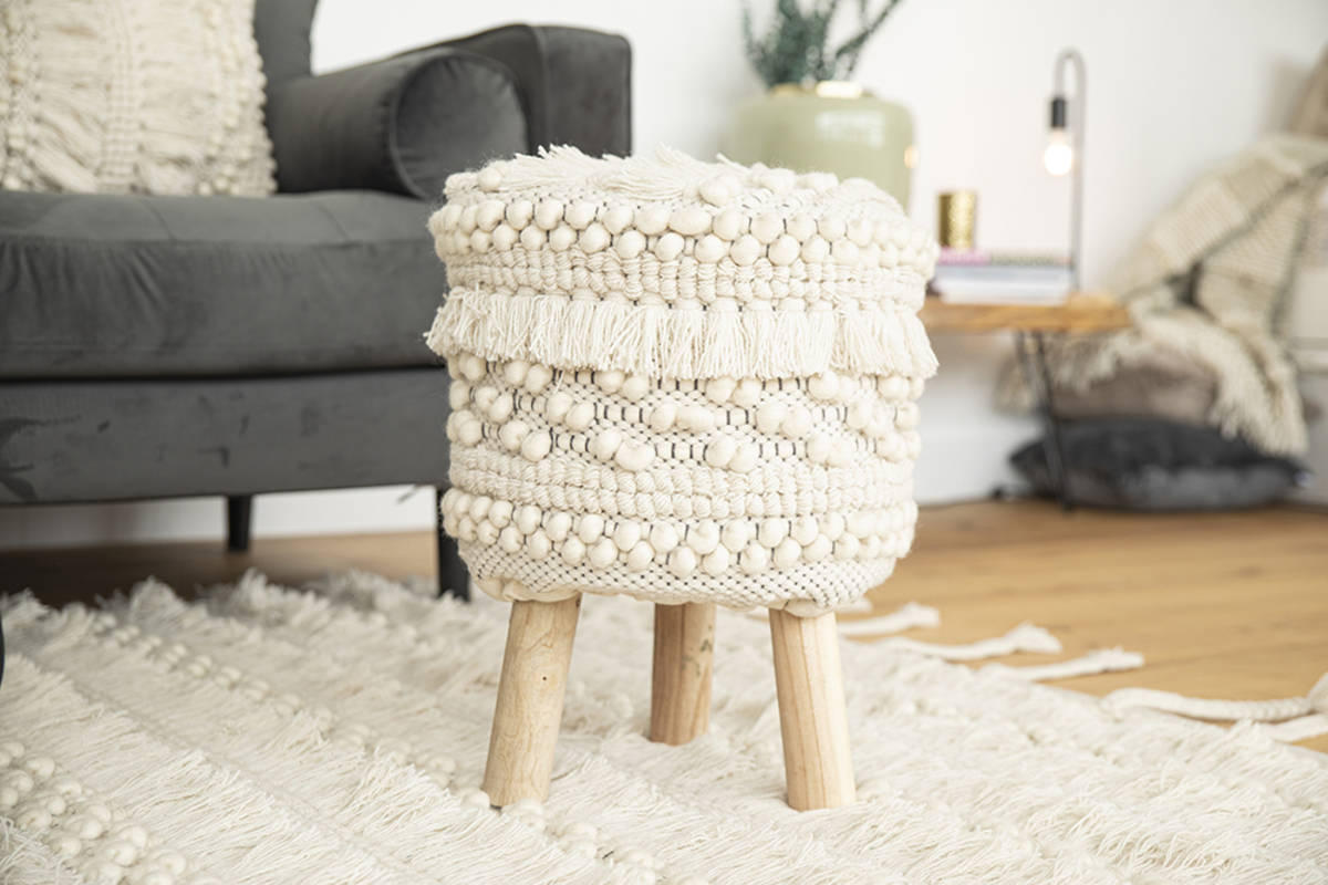 HOCKER Makramee Akazie Weiß  - Weiß, Trend, Holz/Textil (38/50/38cm) - Kayoom