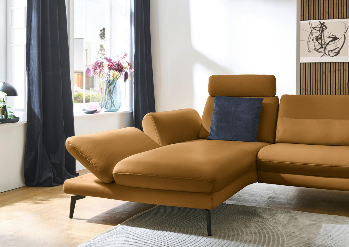ECKSOFA in Echtleder Currygelb  - Currygelb/Schwarz, Design, Leder/Metall (195/308cm) - Dieter Knoll