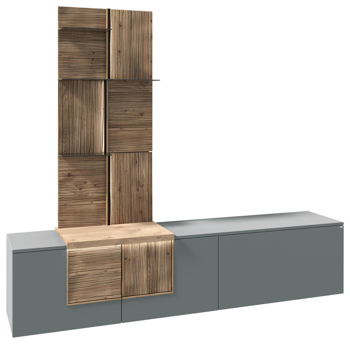 WOHNWAND VLACERA LIVING  in Wildeiche, Graugrün  224/198/45 cm  - Wildeiche/Graugrün, Design, Glas/Holz (224/198/45cm) - Voglauer