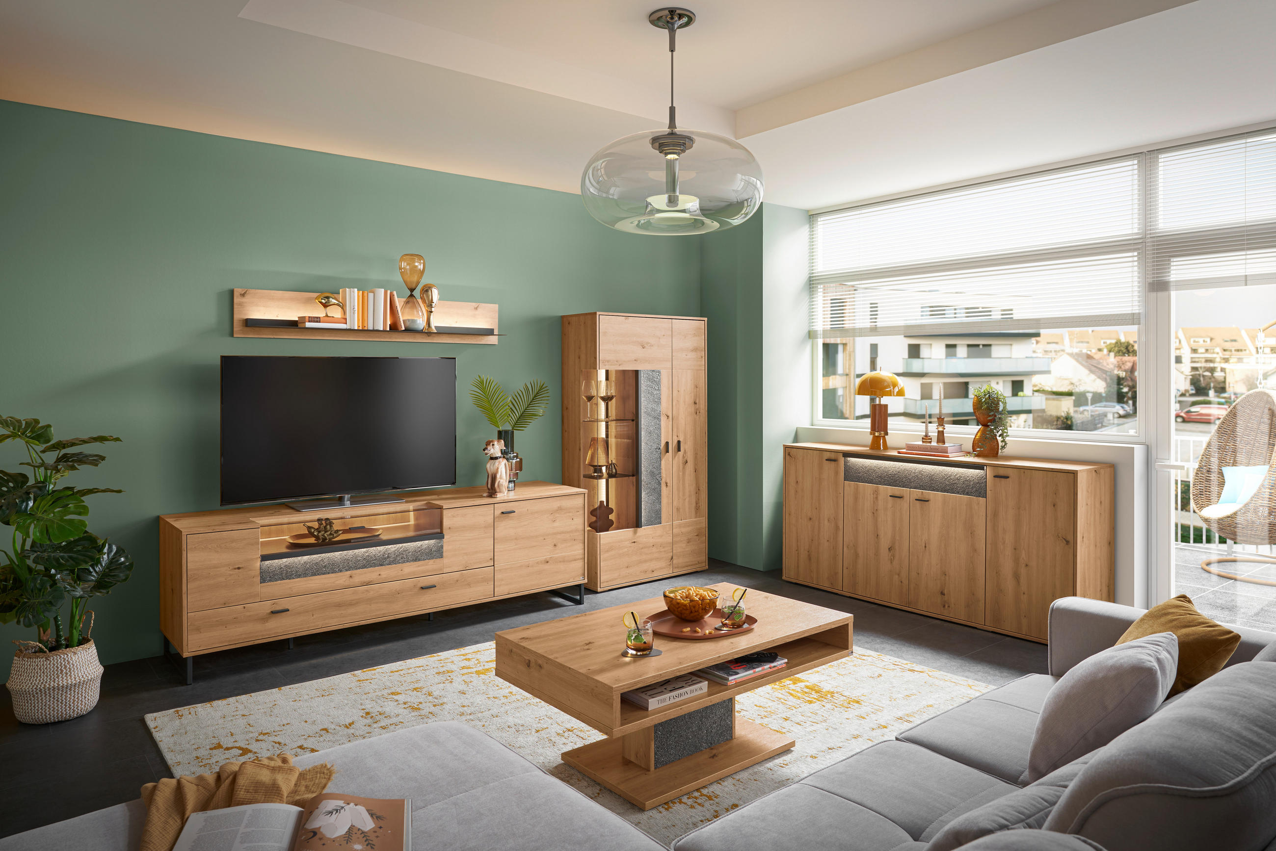 TV-ELEMENT - Dunkelgrau/Eiche Artisan, Design, Glas/Holzwerkstoff (213,7/66,5/50,2cm) - SetOne by Musterring