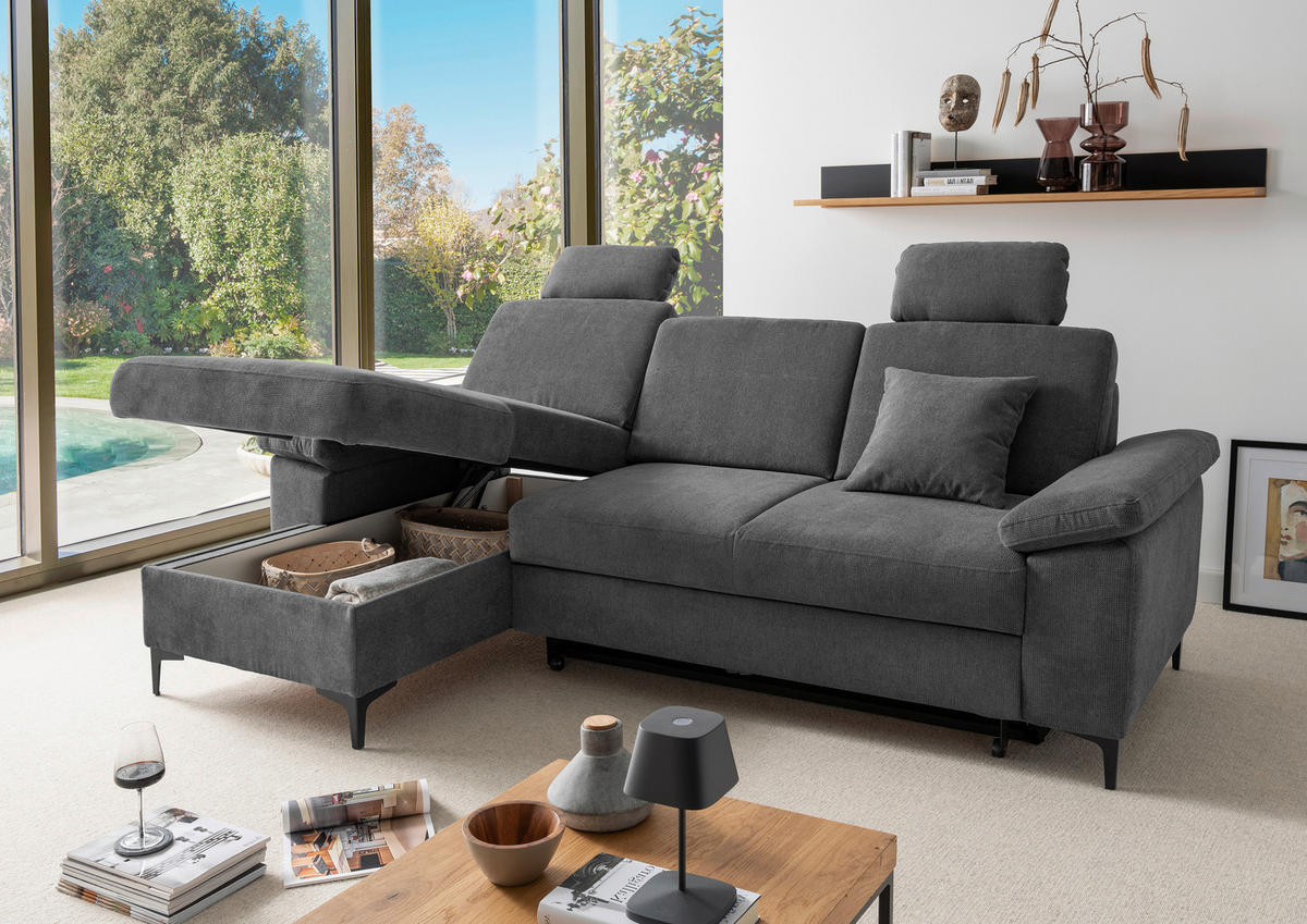 ECKSOFA Chenille Anthrazit  - Anthrazit/Schwarz, Konventionell, Textil/Metall (151/245cm) - Livetastic