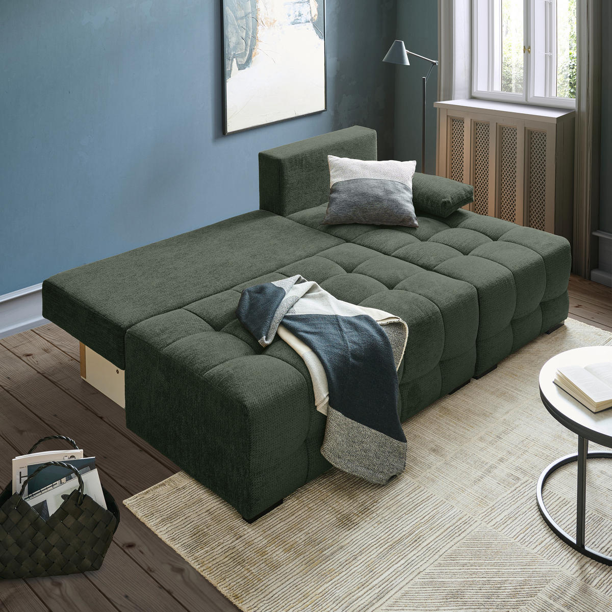 ECKSOFA in Chenille Dunkelgrün  - Dunkelgrün/Schwarz, MODERN, Kunststoff/Textil (204/145cm) - home24