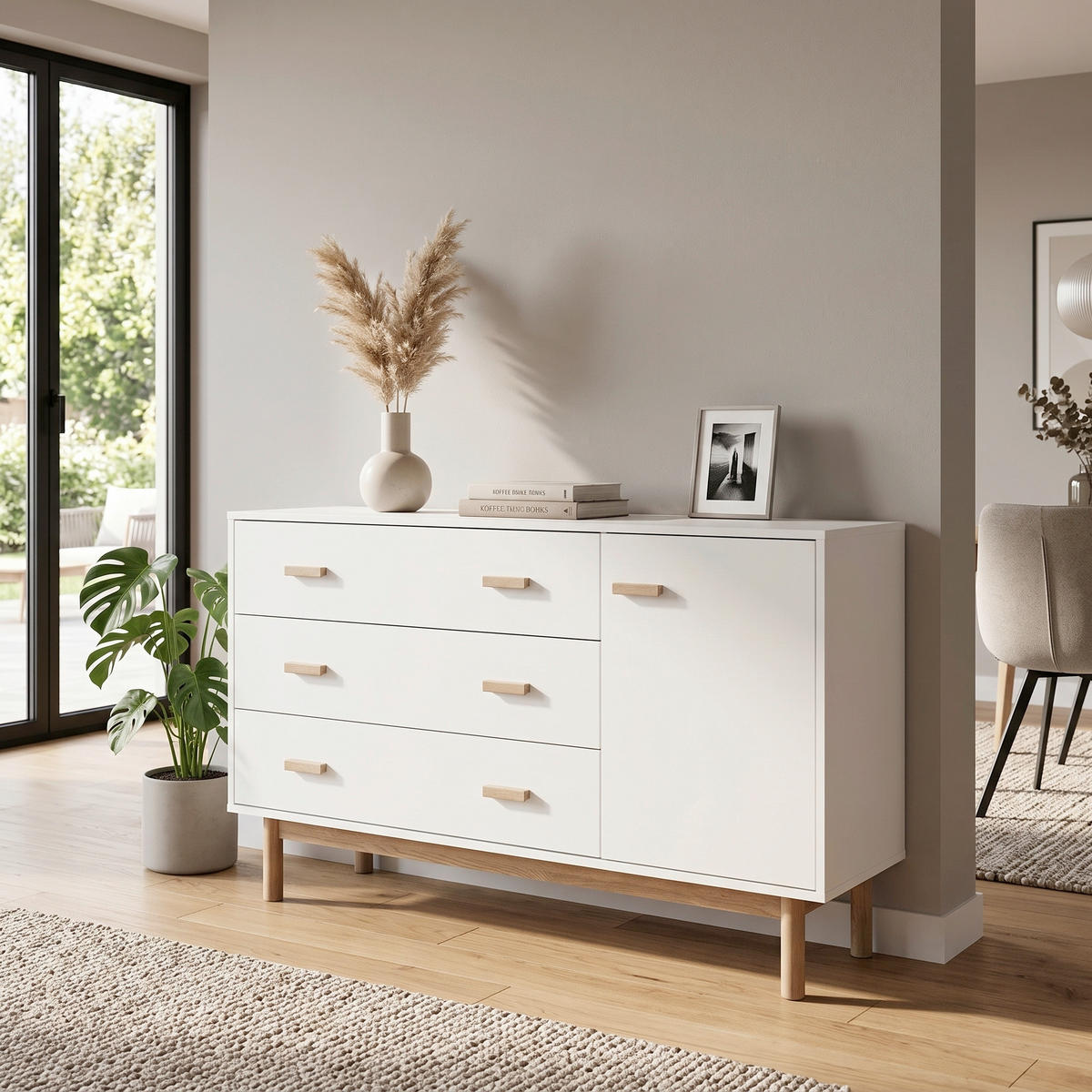 SIDEBOARD Melanie  3 Schublade(n)  - Weiss/Eichefarben, Design, Holzwerkstoff/Metall (144/80/44cm) - MID.YOU