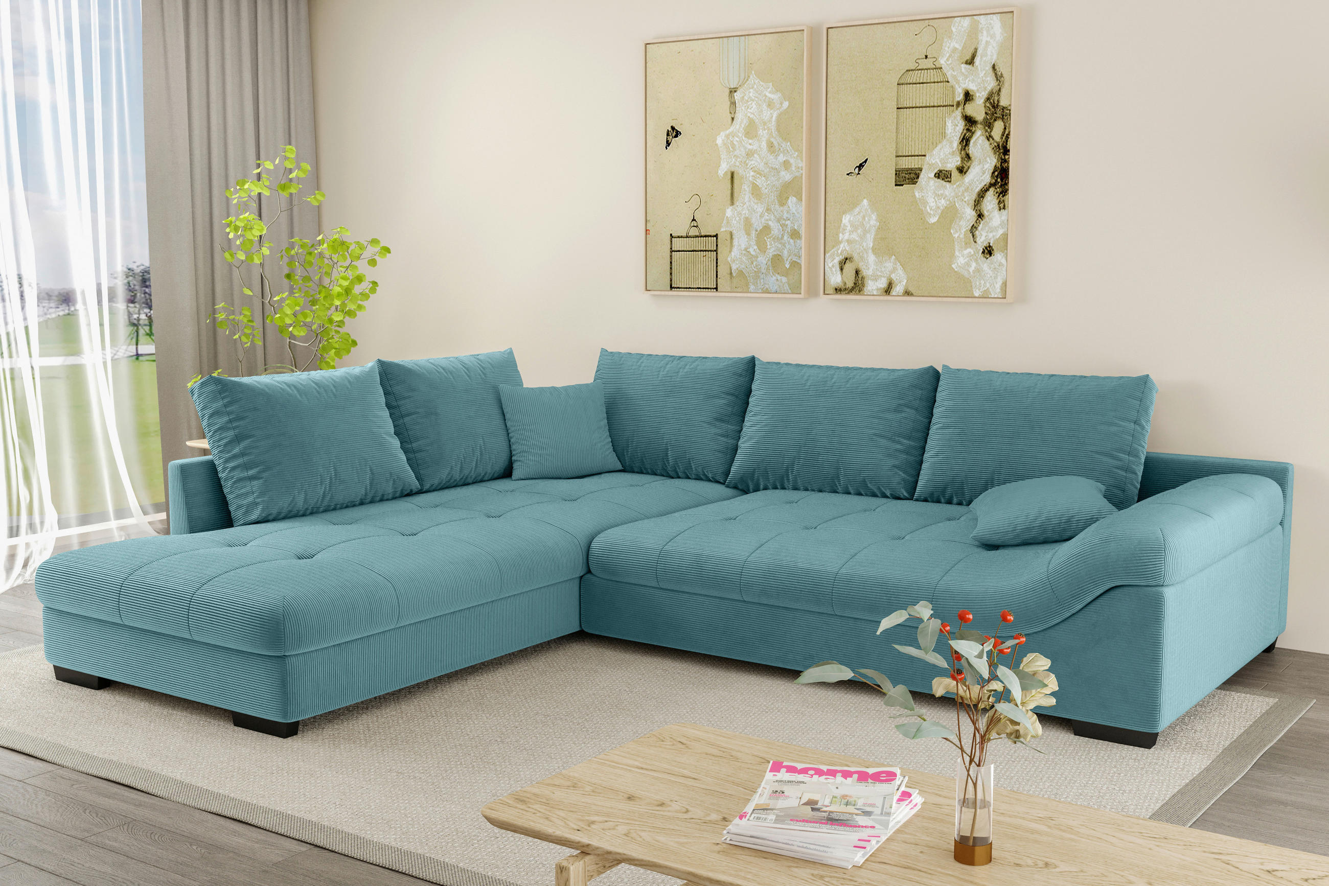 Thumbnail - Carryhome Ecksofa, Türkis, Textil, Buche, massiv, 5-Sitzer, Füllung: Schaumstoff, Ottomane links, L-Form, 298x202 cm, se...