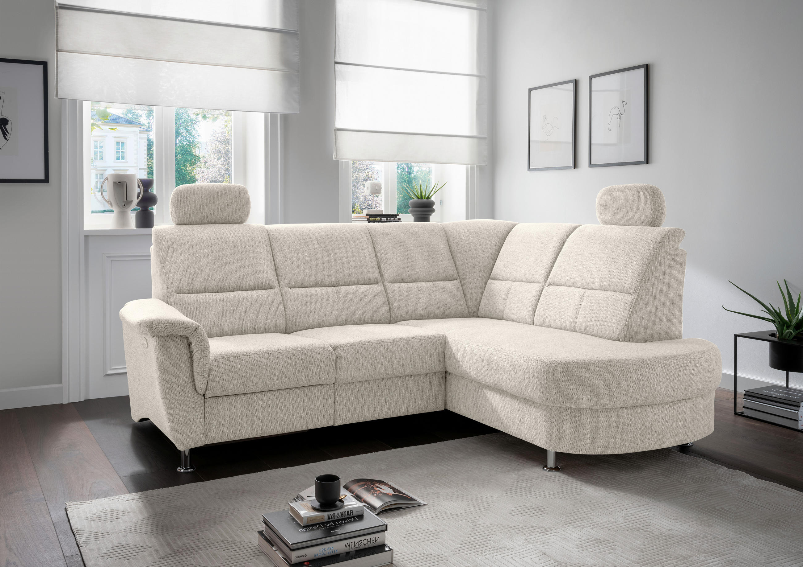 ECKSOFA Beige Chenille  - Chromfarben/Beige, KONVENTIONELL, Textil/Metall (231/184cm) - Livetastic