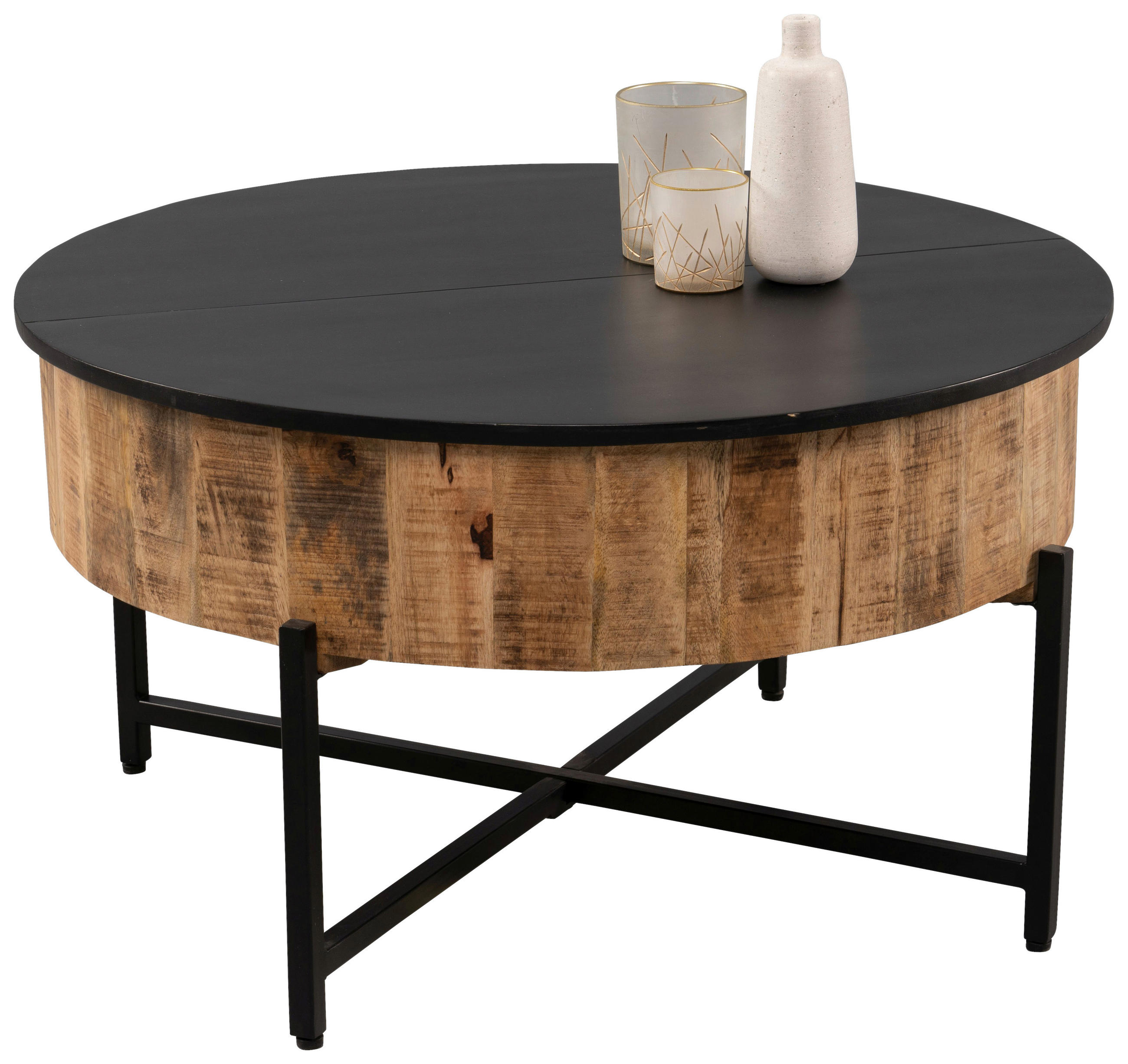 COUCHTISCH Mangoholz massiv 80/80/45 cm rund Naturfarben, Schwarz  - Schwarz/Naturfarben, Trend, Holz/Metall (80/80/45cm) - Boxxx