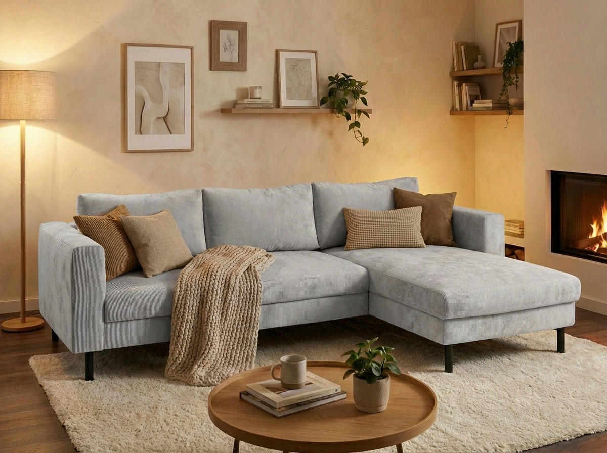 ECKSOFA Grau Cord  - Schwarz/Grau, MODERN, Textil/Metall (232/161cm) - Trendmanufaktur