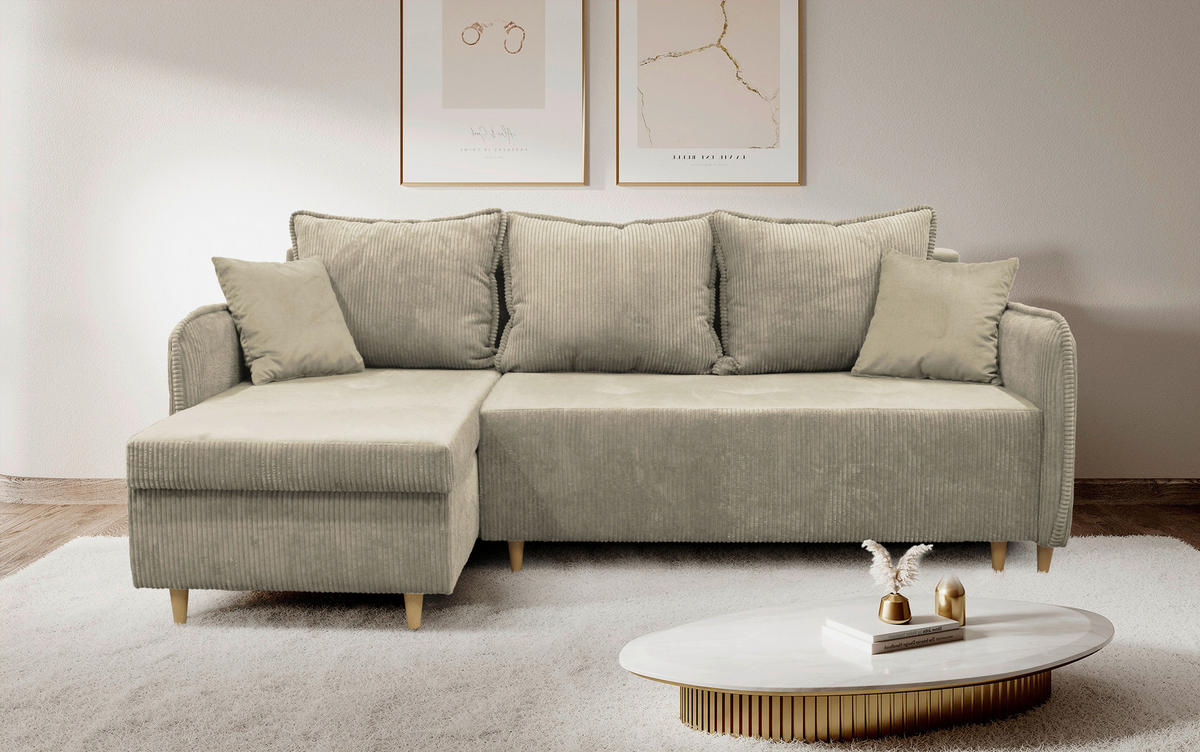 ECKSOFA TEDDY Beige Cord, Bouclé Zierkissen, Rückenkissen, Bettkasten  - Beige/Naturfarben, Design, Holz/Textil (142/215cm) - MID.YOU