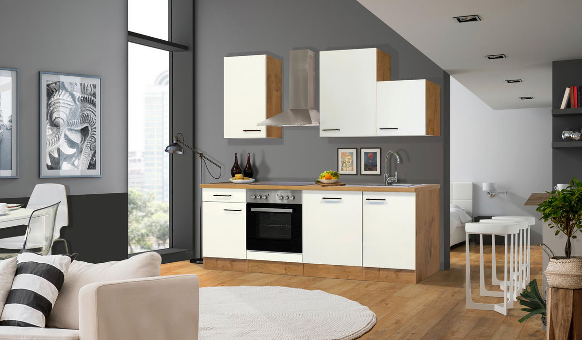 KÜCHENBLOCK 220 cm   in Eichefarben, Magnolie  - Eichefarben/Magnolie, MODERN, Holzwerkstoff/Metall (220cm) - FlexWell