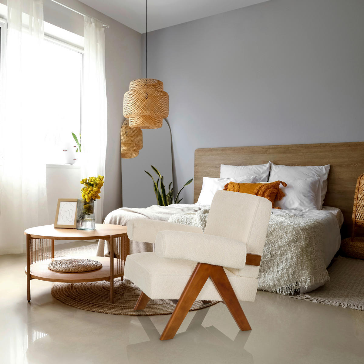 LOUNGESESSEL Bouclé Weiß    - Weiß/Braun, MODERN, Holz/Textil (75/74/75cm) - MID.YOU