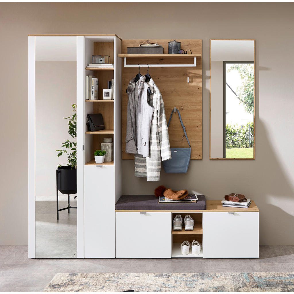 Thumbnail - Xxxl Garderobe Bari, Weiß, Eiche Artisan, Glas, Textil, Holzwerkstoff, 4-teilig, 206x202x38 cm, Garderobe, Garderoben-Se...