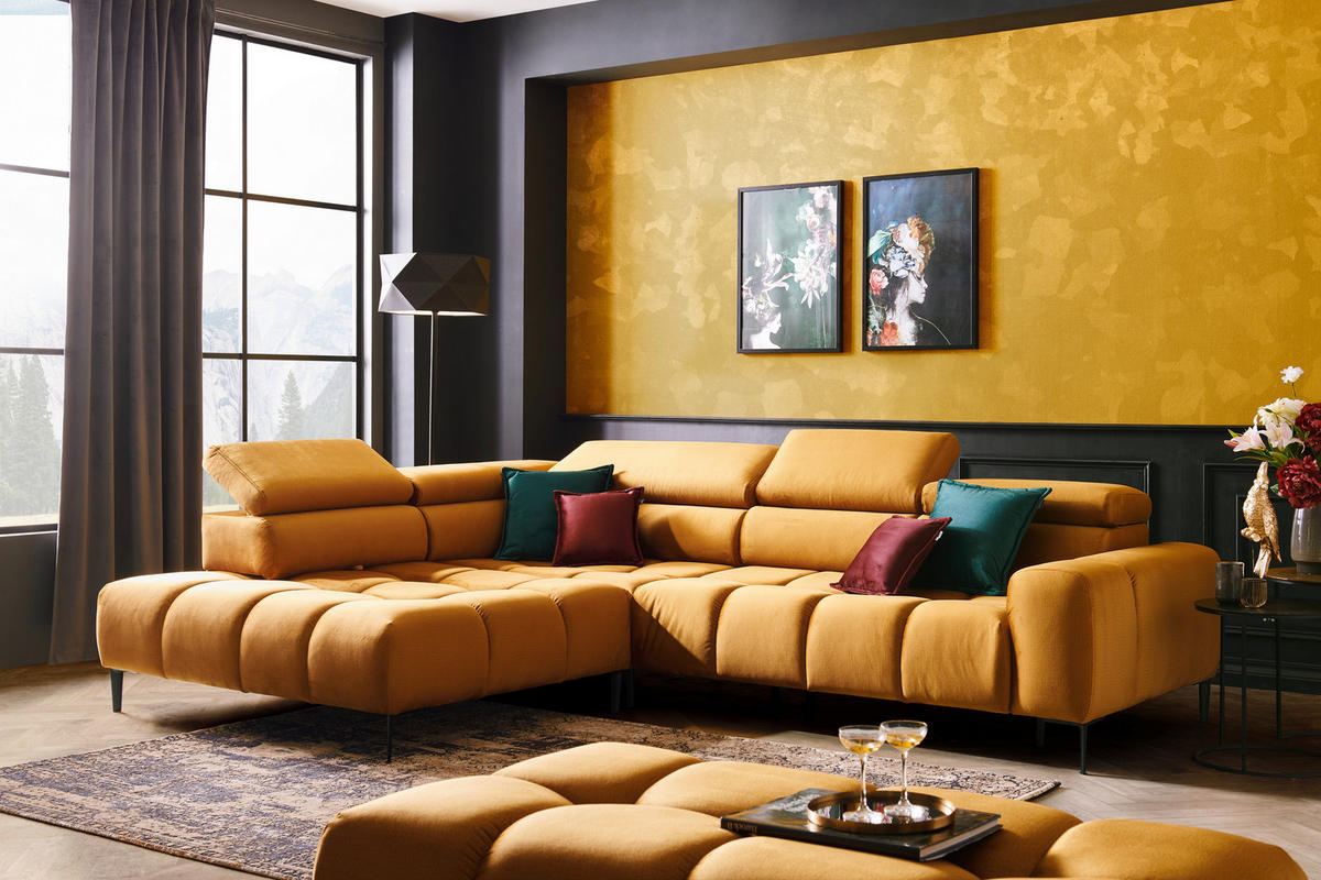 ECKSOFA in Webstoff Currygelb  - Currygelb/Schwarz, Design, Textil/Metall (216/300cm) - Welnova