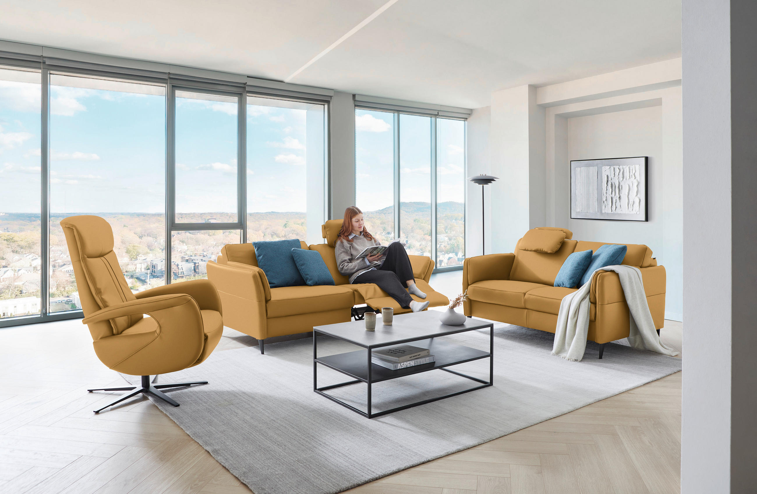 3-SITZER-SOFA in Leder Senfgelb  - Senfgelb/Schwarz, Design, Leder/Metall (190/84/99cm) - Dieter Knoll