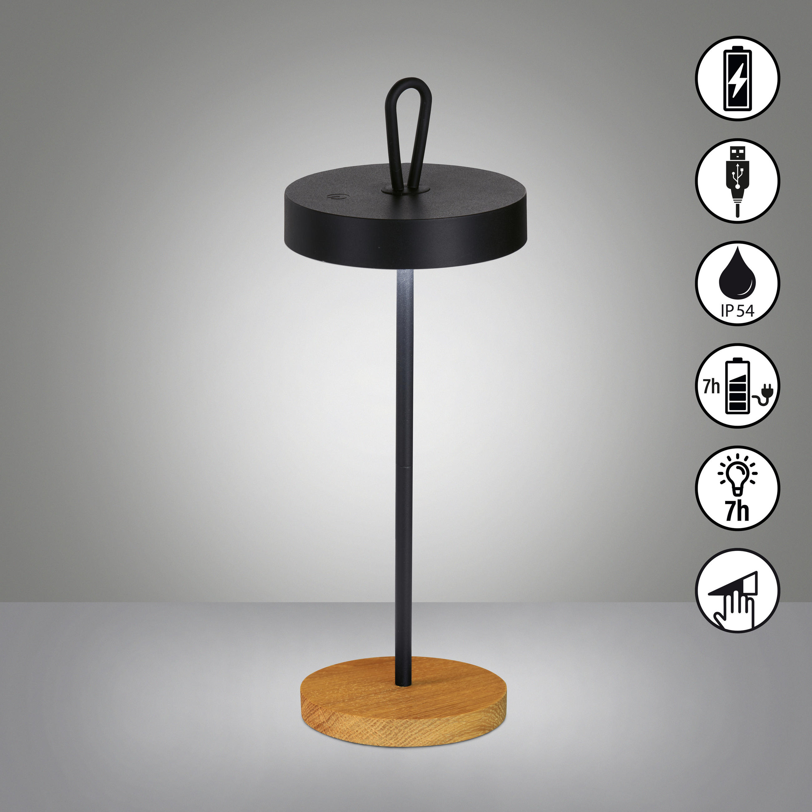 AKKU-TISCHLEUCHTE Shine-Wood 12,8/46,6 cm   - Schwarz, Design, Holz/Metall (12,8/46,6cm) - Fischer & Honsel