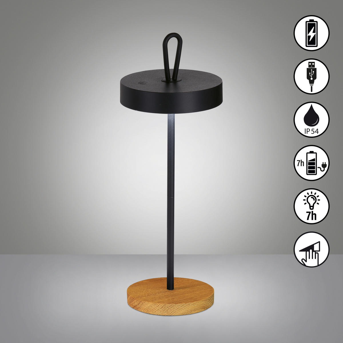 AKKU-TISCHLEUCHTE Shine-Wood 12,8/46,6 cm   - Schwarz, Design, Holz/Metall (12,8/46,6cm) - Fischer & Honsel