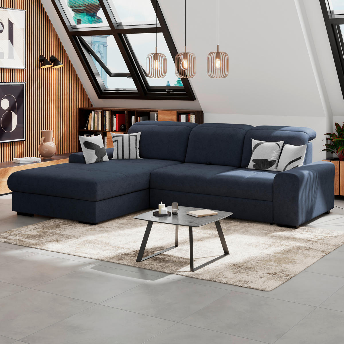 ECKSOFA Blau Chenille Rücken echt, Kopfteilverstellung  - Blau/Schwarz, KONVENTIONELL, Holz/Textil (203/286cm) - MID.YOU