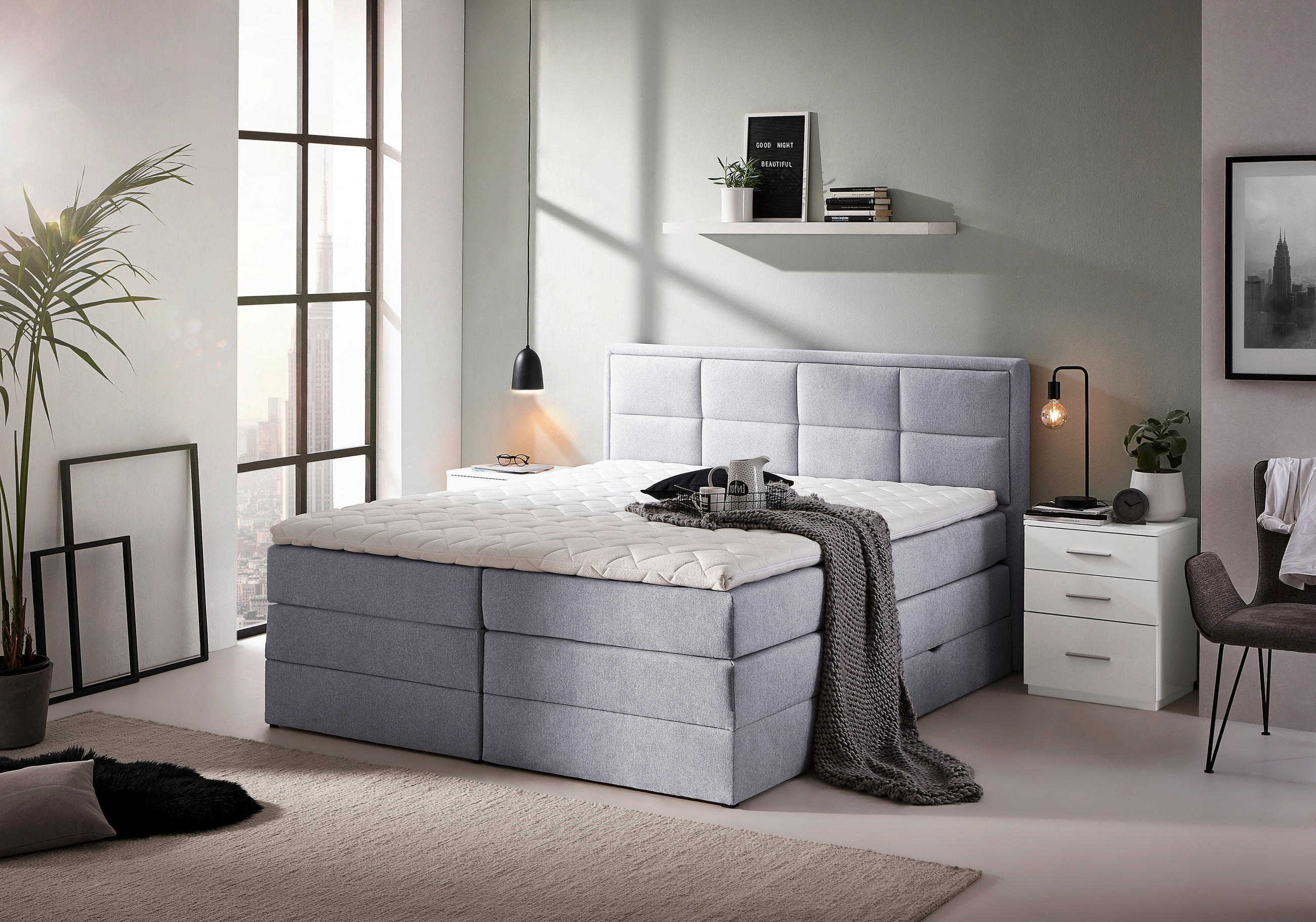 Thumbnail - Carryhome Boxspringbett, Hellgrau, Textil, H2 + H3, 7-Zonen, Höhe ca. 18 cm, 180x200 cm, Bettkasten, Federkernmatratze, ...