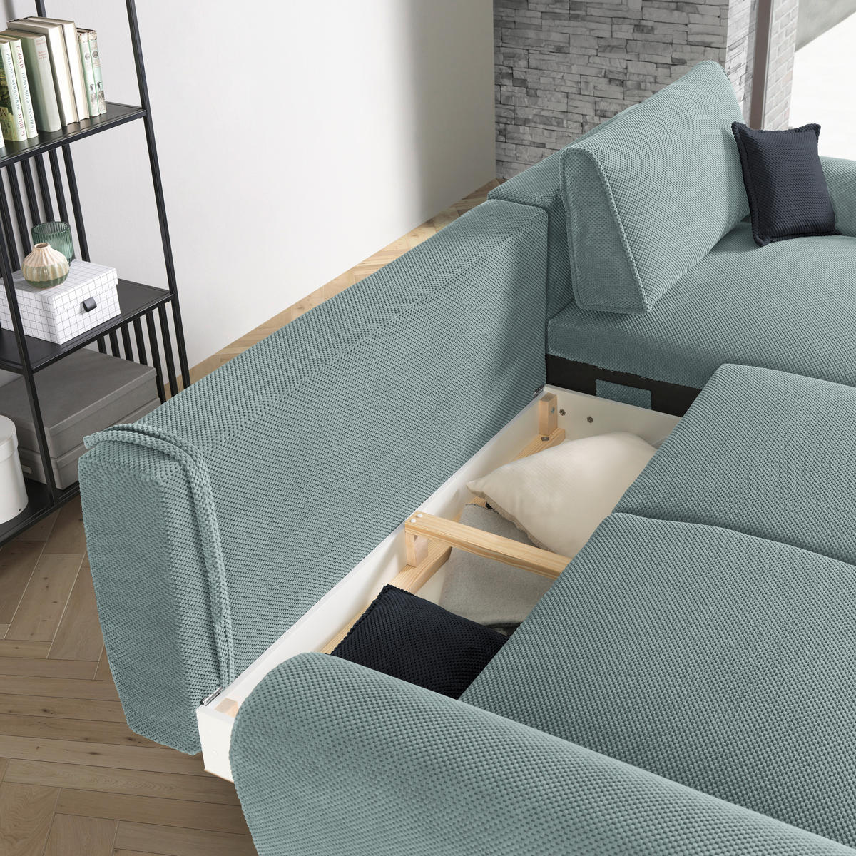 ECKSOFA in Webstoff Mintgrün  - Schwarz/Mintgrün, Design, Textil/Metall (272/170cm) - Welnova