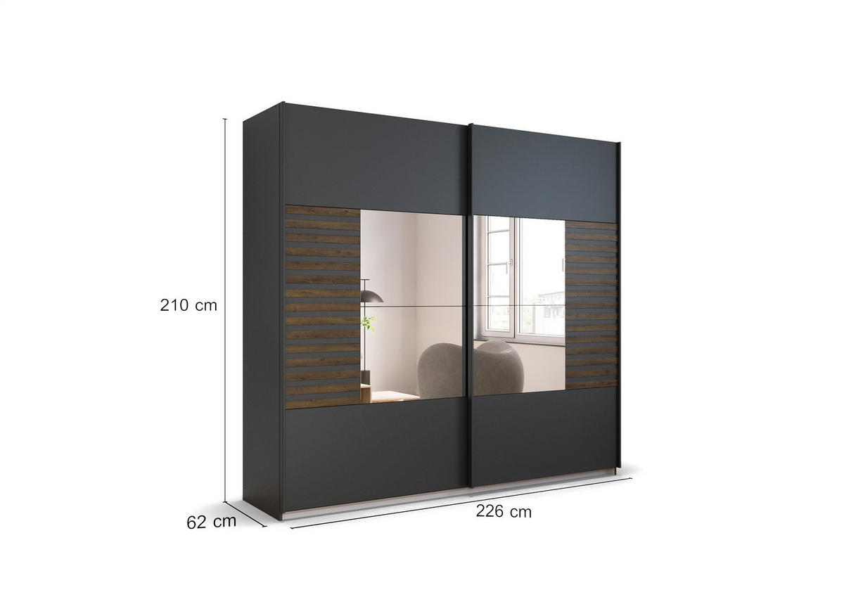 SCHWEBETÜRENSCHRANK 226/210/62 cm 2-türig Dunkelgrau, Eiche dunkel  - Eiche dunkel/Dunkelgrau, MODERN, Holzwerkstoff/Metall (226/210/62cm) - Rauch Möbel