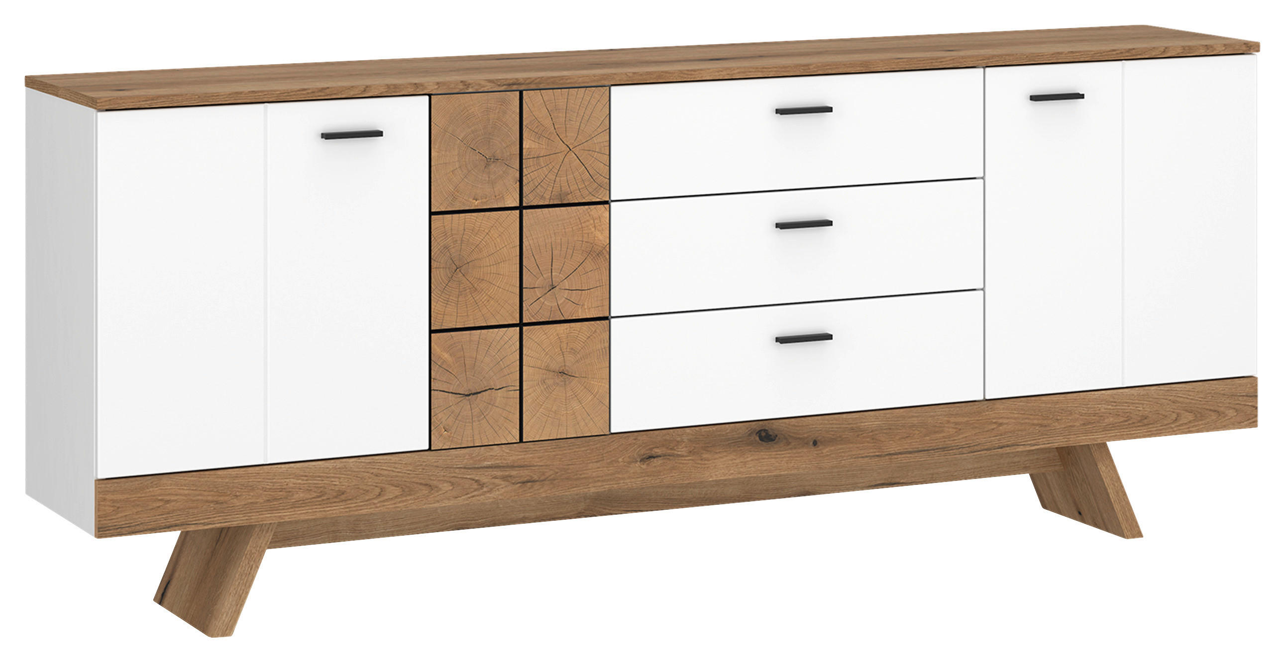 Kommode Oreta B: 184 cm Weiß Hochglanz/Eichefarben