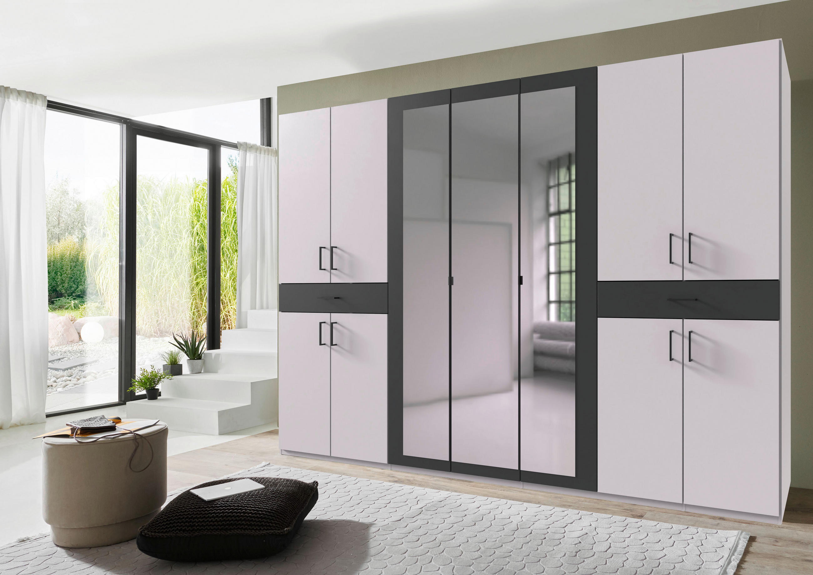 DREHTÜRENSCHRANK  in Graphitfarben, Weiß  - Schwarz/Graphitfarben, KONVENTIONELL, Glas/Holzwerkstoff (313/208/58cm) - Carryhome