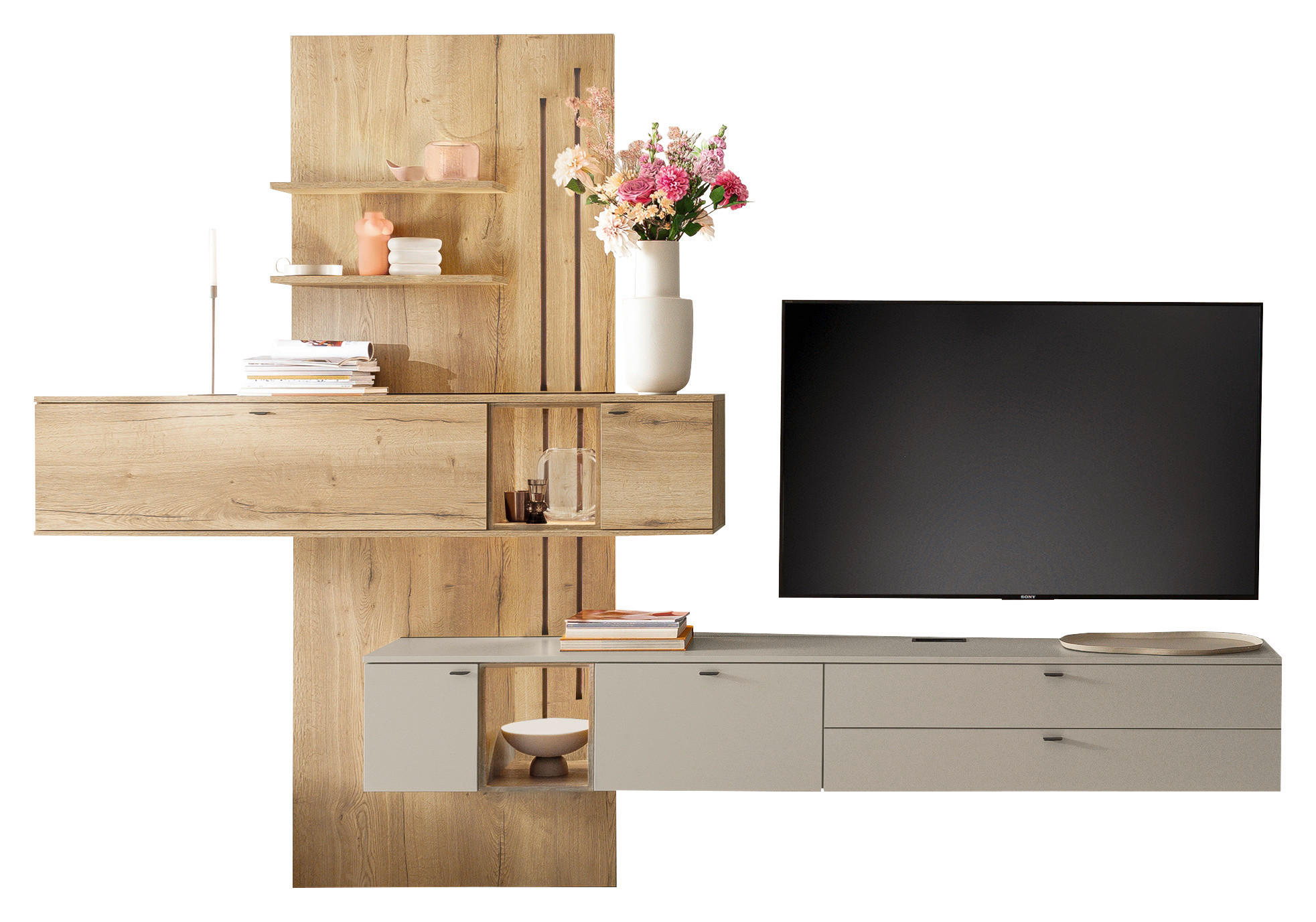 WOHNWAND  Eichefarben, Seidengrau 330/241/43 cm  - Eichefarben/Anthrazit, Design, Glas/Holzwerkstoff (330/241/43cm) - Venjakob