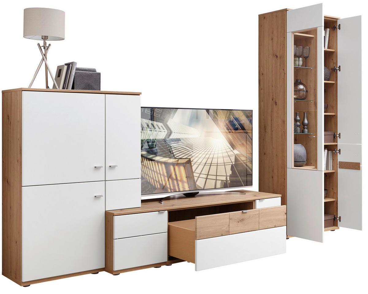 WOHNWAND  in Weiß, Alteiche  315/215/53 cm  - Alteiche/Alufarben, KONVENTIONELL, Glas/Holzwerkstoff (315/215/53cm) - Venda