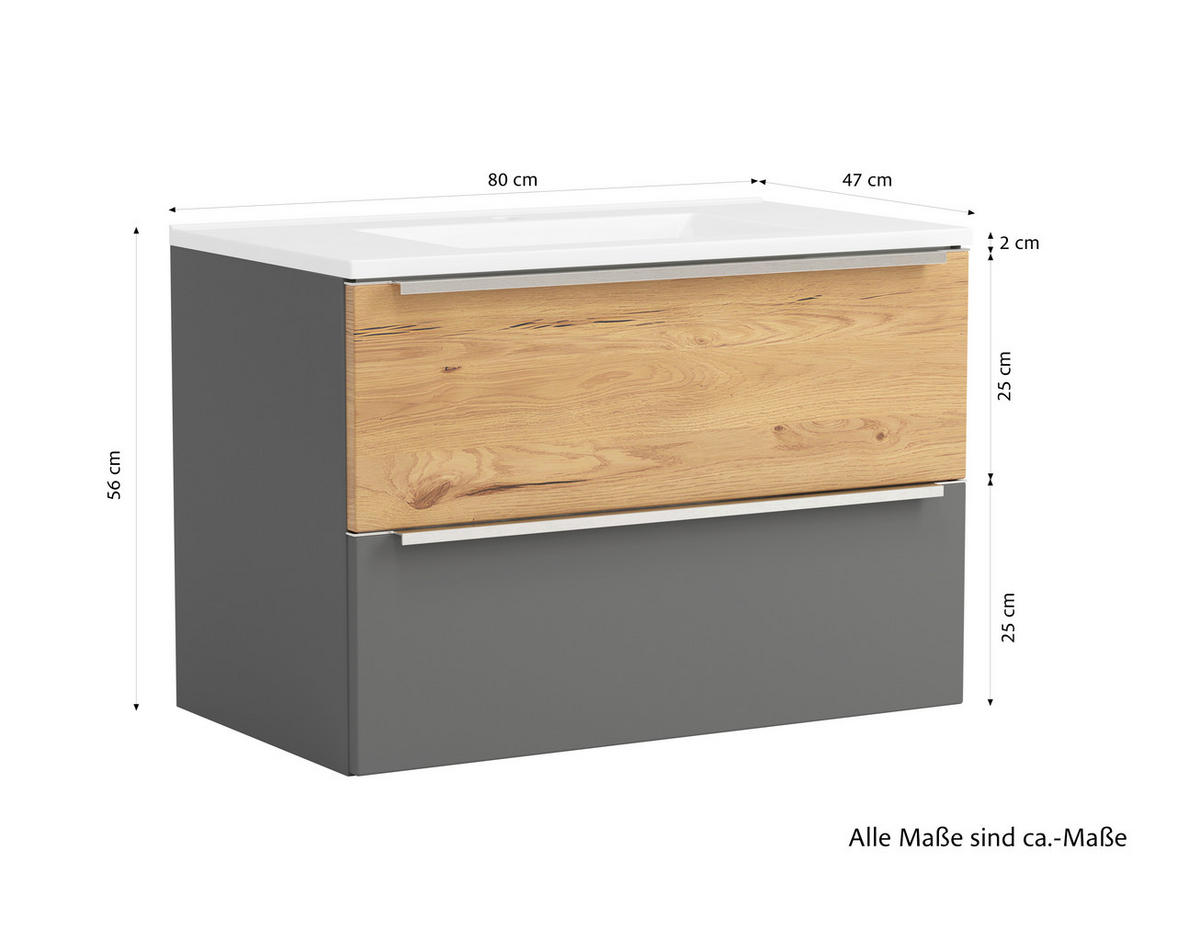 WASCHTISCHKOMBI  - Wildeiche/Edelstahlfarben, Trend, Holzwerkstoff/Stein (80/54/47cm) - Held