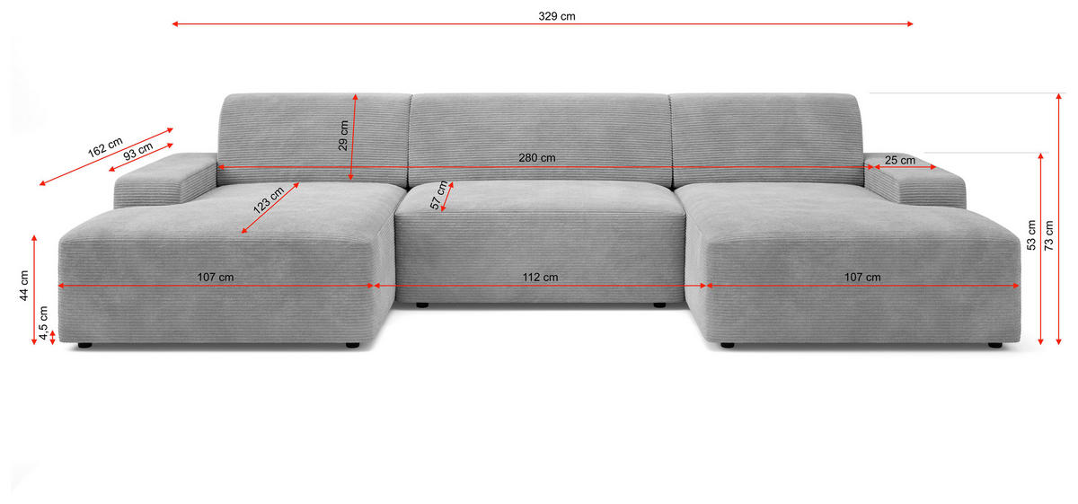 WOHNLANDSCHAFT WIEN Grau Struktur  - Schwarz/Grau, MODERN, Kunststoff/Textil (162/329/162cm) - Trendmanufaktur