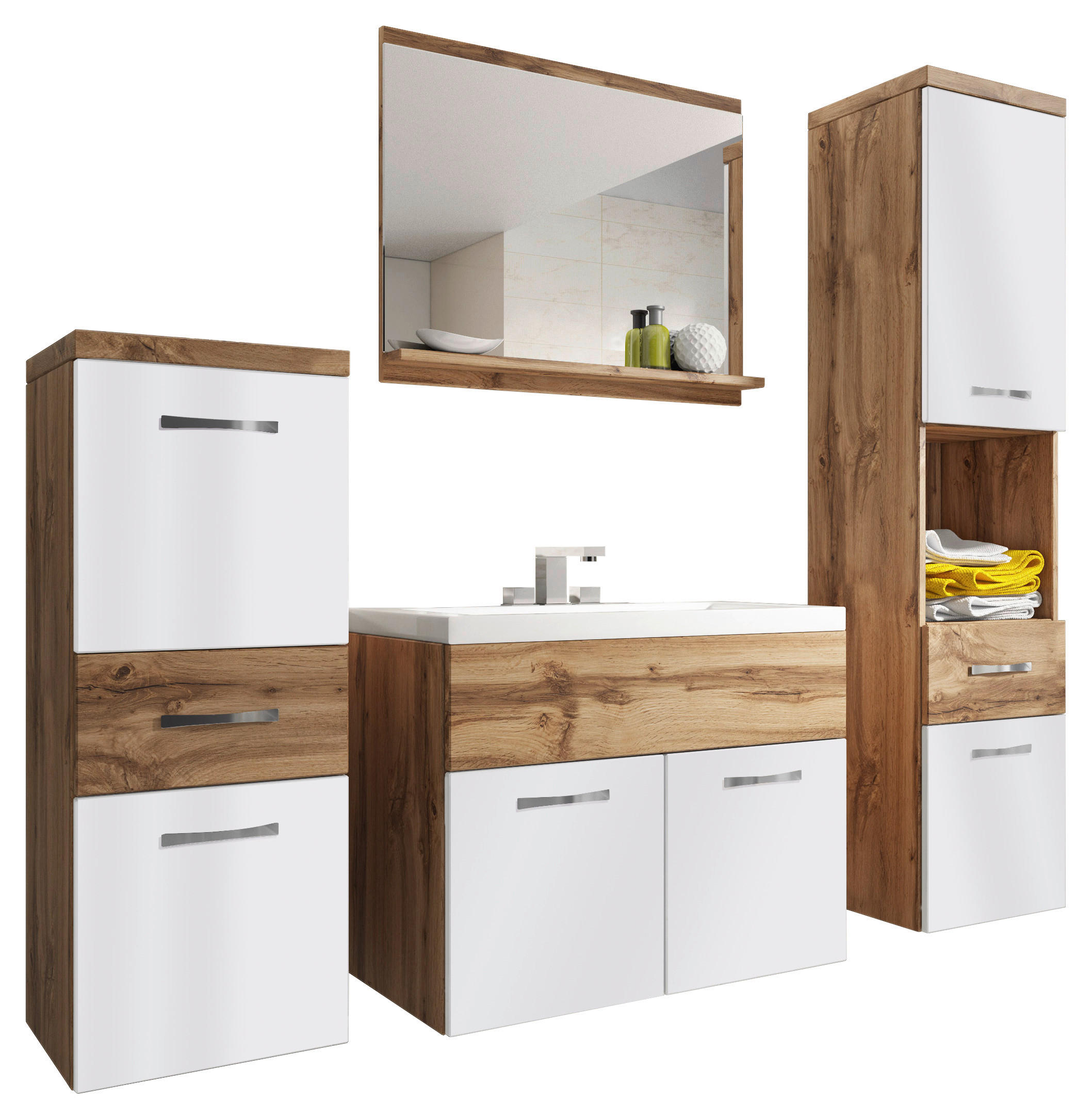 BADEZIMMER 5-teilig  in 120 cm  - Weiß Hochglanz/Eiche Wotan, LIFESTYLE, Holzwerkstoff/Metall (120cm) - P & B
