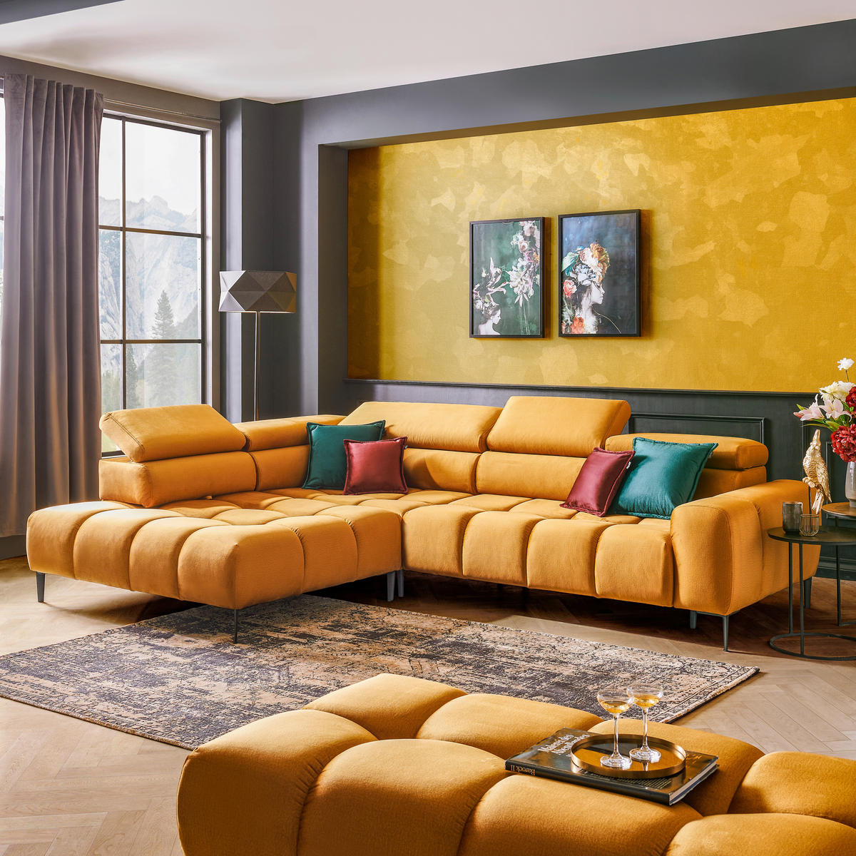 ECKSOFA in Webstoff Currygelb  - Currygelb/Schwarz, Design, Textil/Metall (300/216cm) - Welnova