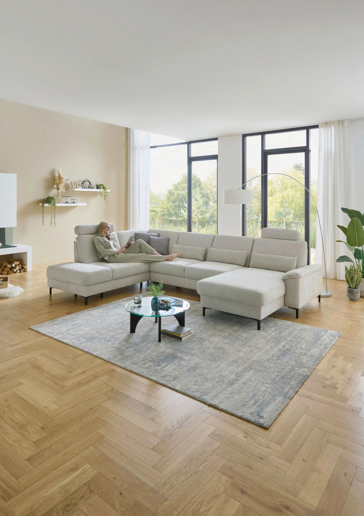 WOHNLANDSCHAFT Dieter Knoll Greige Chenille  - Greige/Schwarz, Design, Textil/Metall (235/349/175cm) - Dieter Knoll