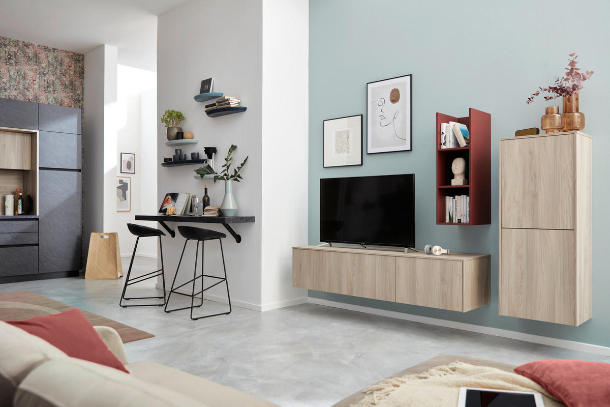 WOHNWAND  in Rot, Eschefarben   - Eschefarben/Rot, Design, Holzwerkstoff - Novel