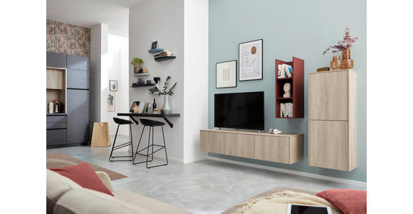 WOHNWAND  in Rot, Eschefarben   - Eschefarben/Rot, Design, Holzwerkstoff - Novel