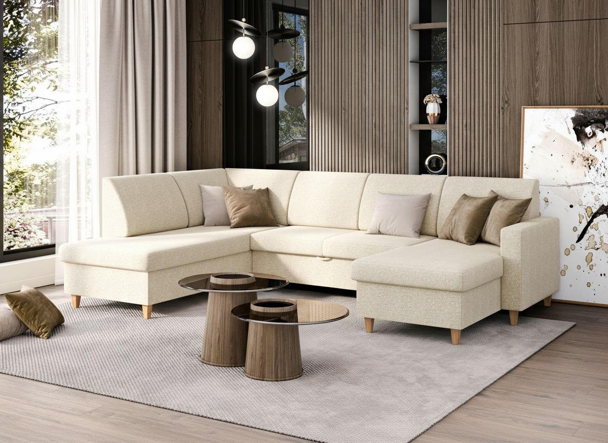 WOHNLANDSCHAFT NIKAS Creme Bouclé  - Buchefarben/Creme, Design, Holz/Textil (310/198/145cm) - MID.YOU