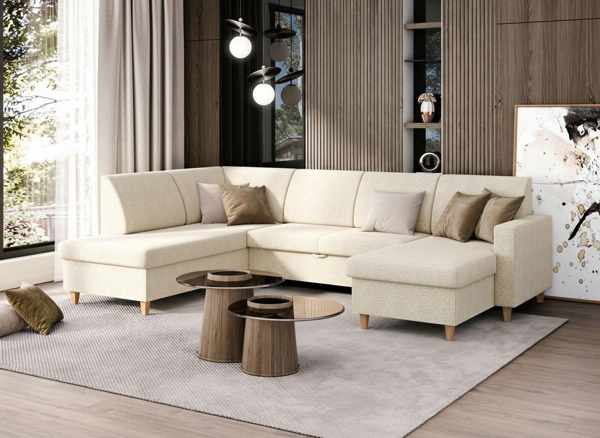 WOHNLANDSCHAFT NIKAS Creme Bouclé  - Buchefarben/Creme, Design, Holz/Textil (310/198/145cm) - MID.YOU