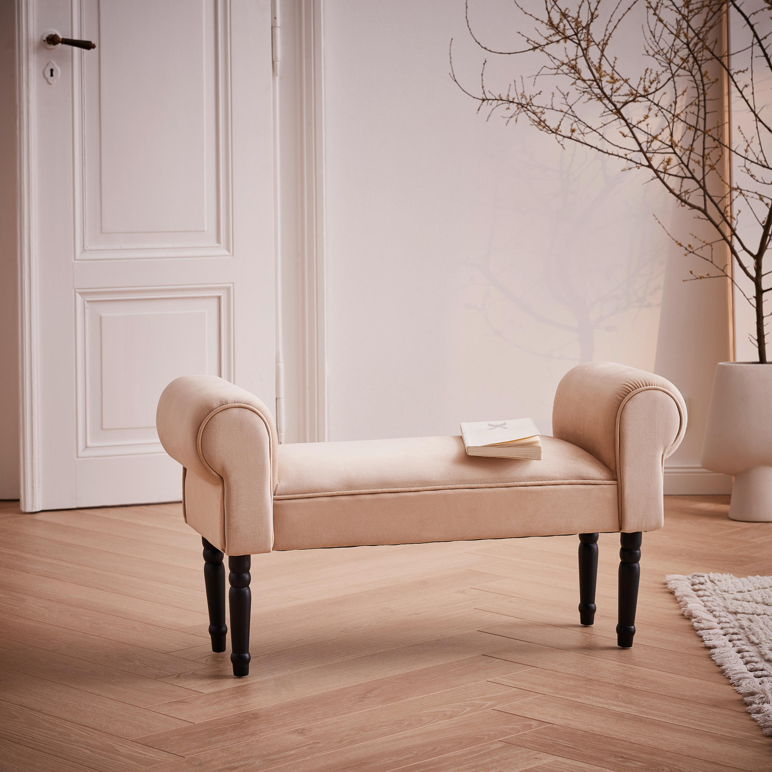 HOCKER Samt Kiefer Schwarz, Beige - Beige/Schwarz, Trend, Holz/Textil (100/54/30cm) - Xora