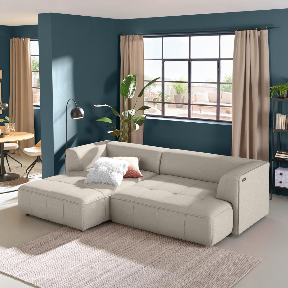 ECKSOFA Webstoff Creme  - Creme/Schwarz, Design, Kunststoff/Textil (188/288cm) - Welnova