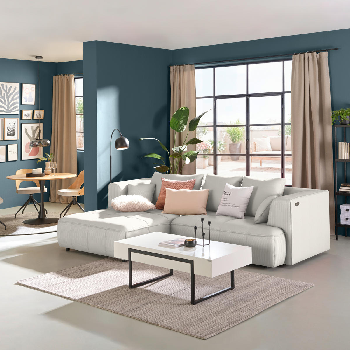 ECKSOFA Feincord Creme  - Creme/Schwarz, Design, Kunststoff/Textil (188/288cm) - Welnova