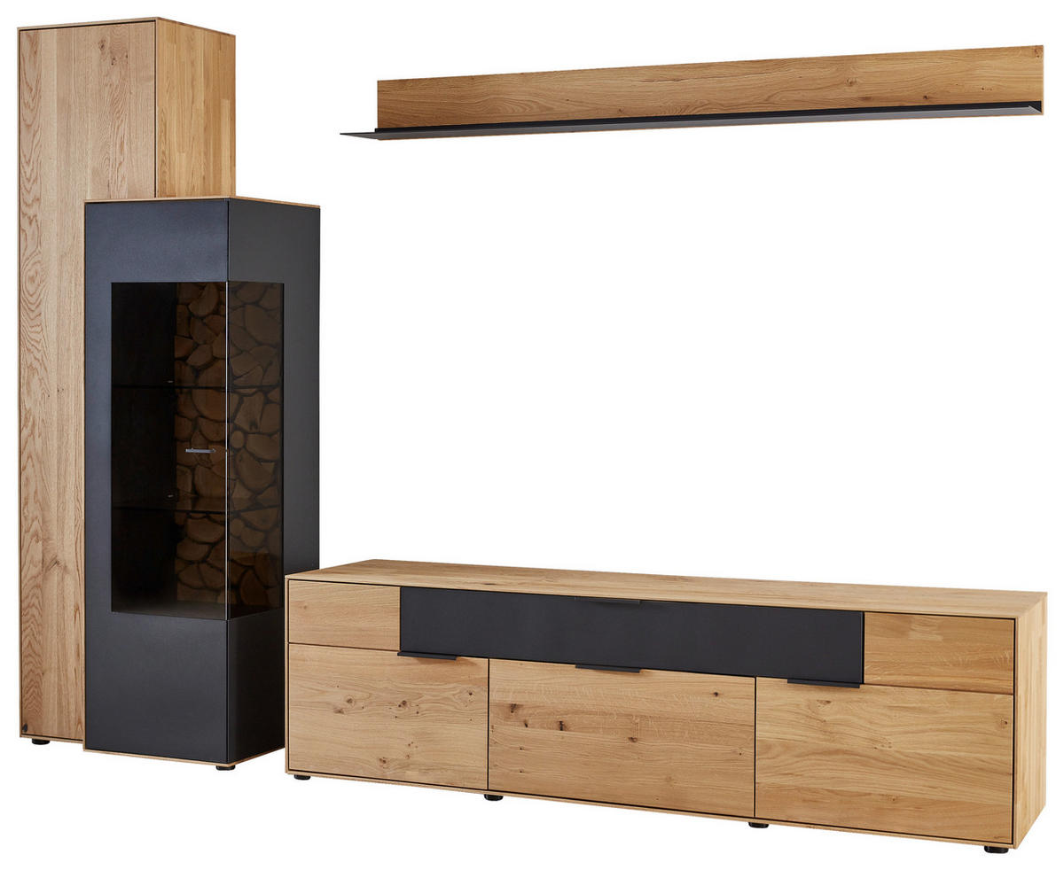 WOHNWAND  in Schwarz, Eichefarben  299,3/195,9/45,2 cm  - Eichefarben/Schwarz, Design, Glas/Holz (299,3/195,9/45,2cm) - Valdera