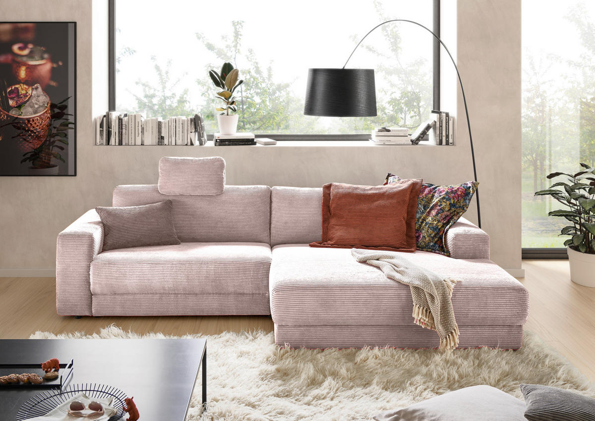 ECKSOFA in Cord Rosa  - Schwarz/Rosa, Design, Kunststoff/Textil (296/168cm) - Pure Home Lifestyle