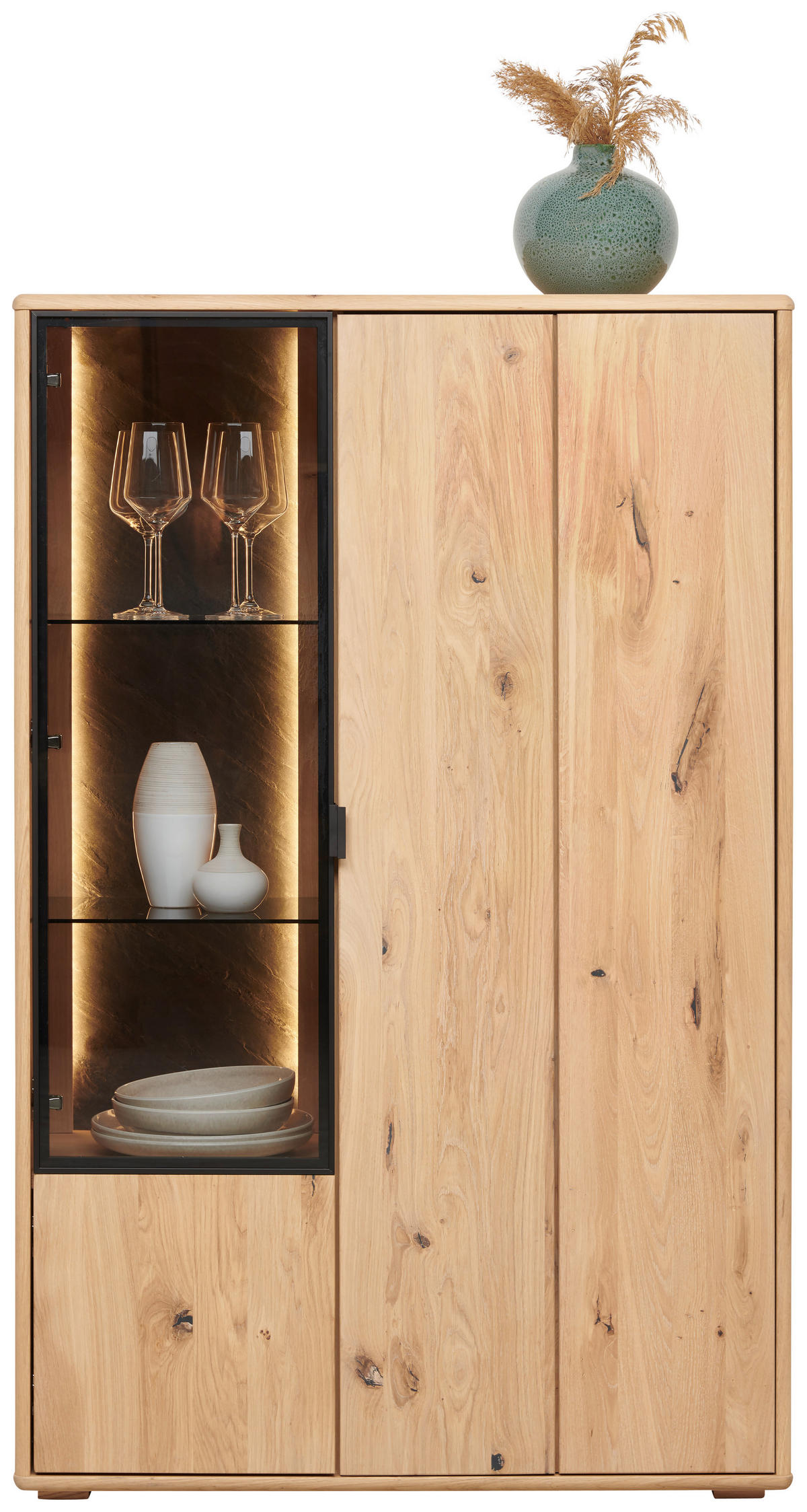 HIGHBOARD Eiche Bianco  91,1/140,8/42 cm  - Eiche Bianco/Schwarz, Natur, Glas/Holz (91,1/140,8/42cm) - Linea Natura