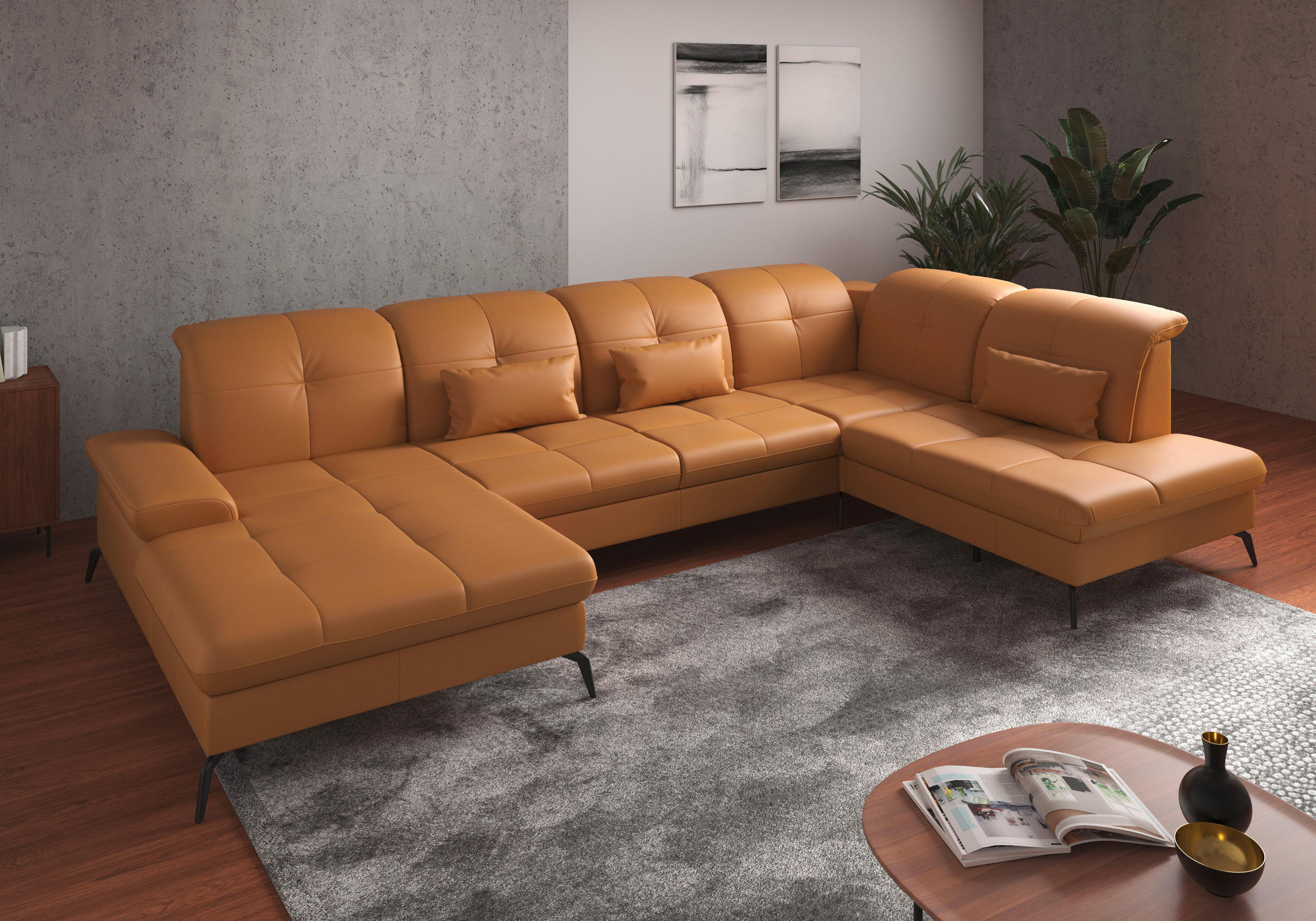 WOHNLANDSCHAFT Currygelb Kombination Echtleder/Stoff Vliesstoff  - Currygelb/Schwarz, KONVENTIONELL, Leder/Textil (185/357/231cm) - Sit & More